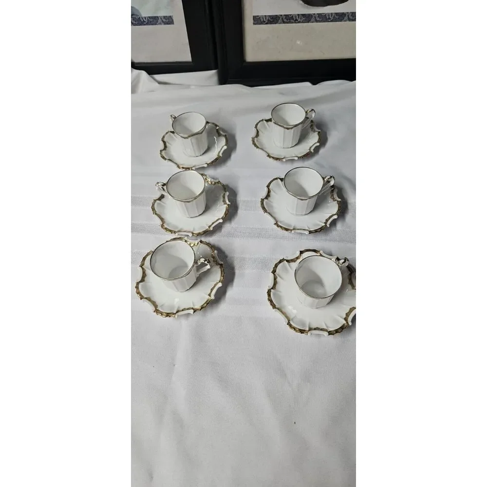 TV Limoges France La Cloche 6 setsTea Cups Saucers Fine‎ China Gold Rimmed
